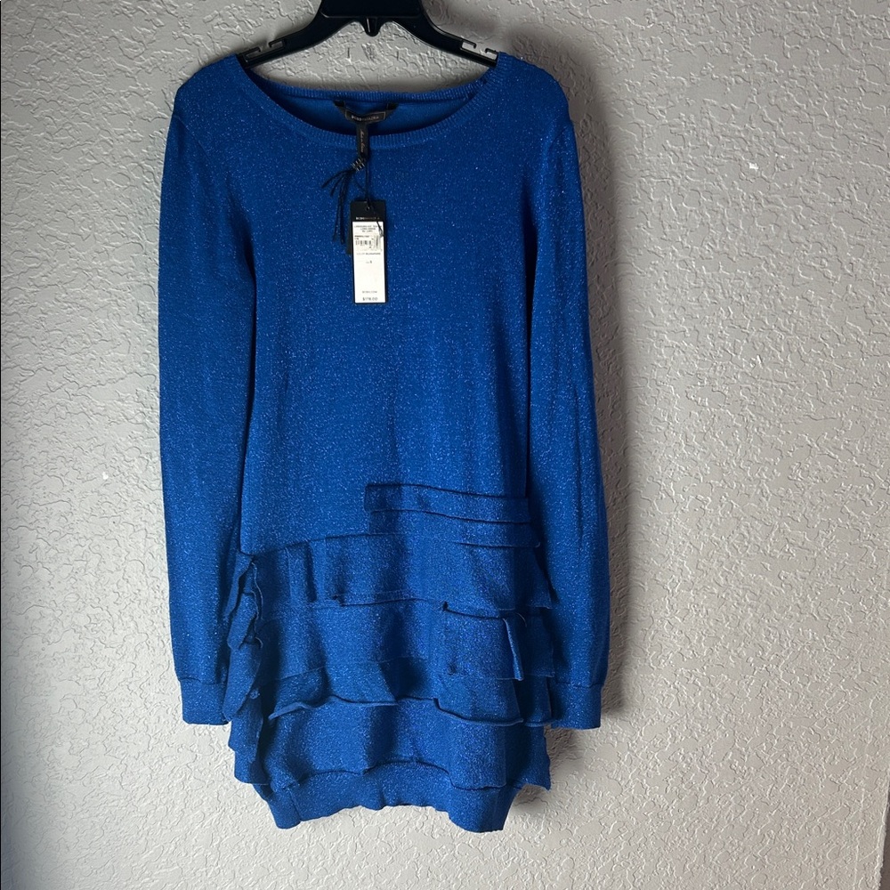 BCBG MAXAZRIA Sparkle Tiered Ruffle Long-Sleeve Dress — Blue